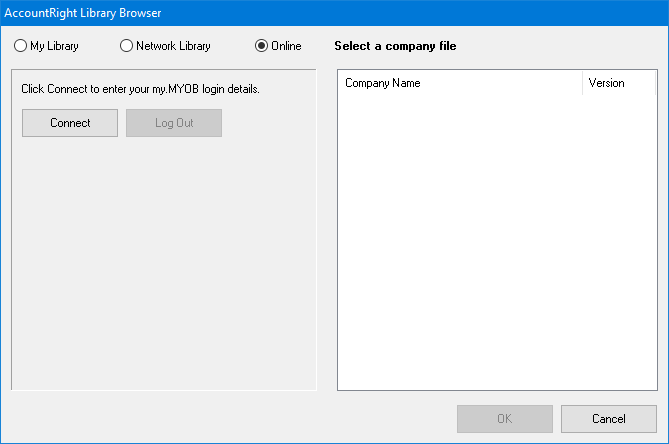 For online files, you need to click Connect and enter your MYOB account details. For online files, you need to click Connect and enter your MYOB account details.