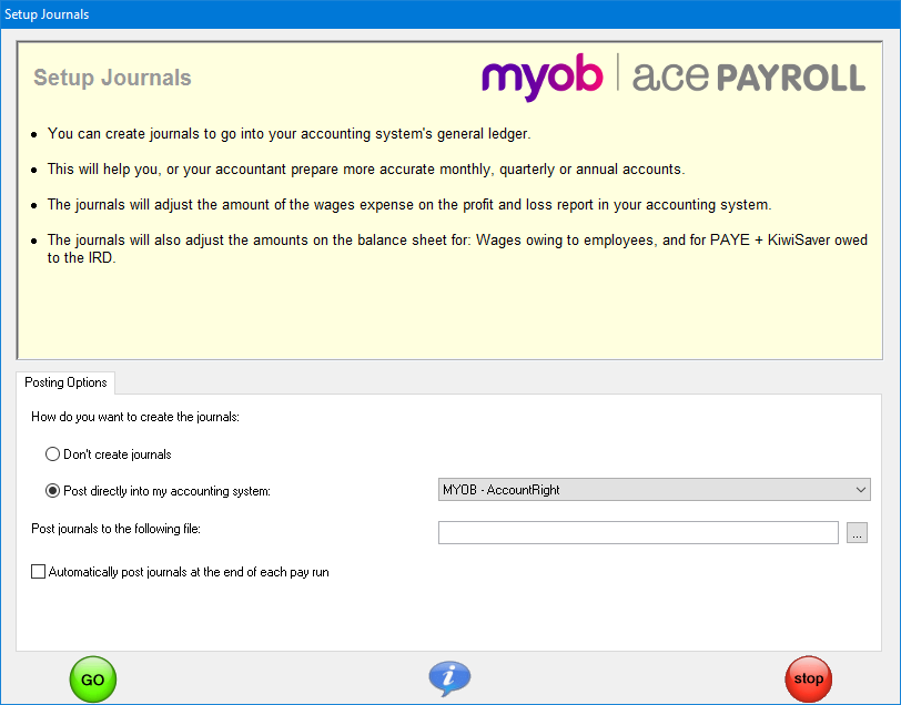 Select to post to AccountRight in the Setup Journals window Select to post to AccountRight in the Setup Journals window