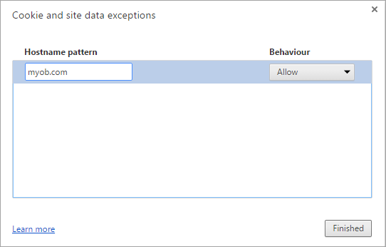 Cookie and site data exceptions window with myob.com entered
