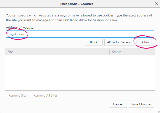 Exceptions - cookies window with myob.com and allow highlighted