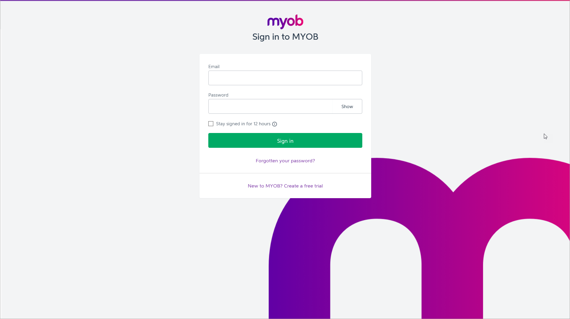 MYOB Essentials log in screen