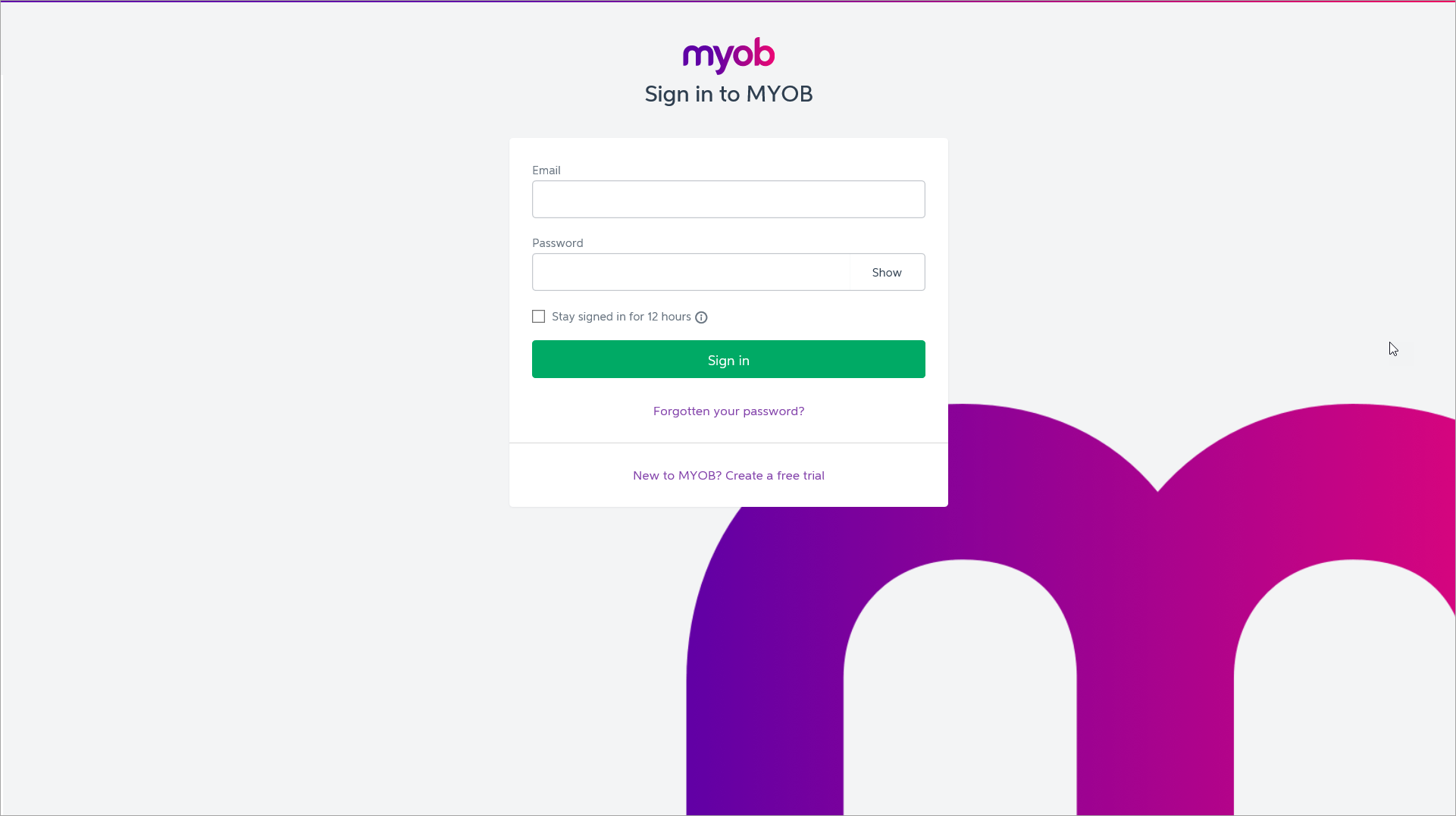 MYOB Essentials log in screen MYOB Essentials log in screen