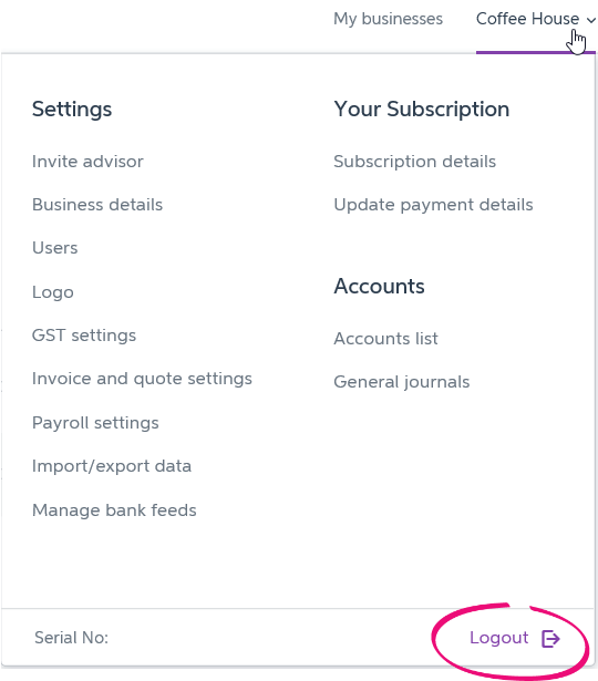 Business name clicked and logout option highlighted Business name clicked and logout option highlighted