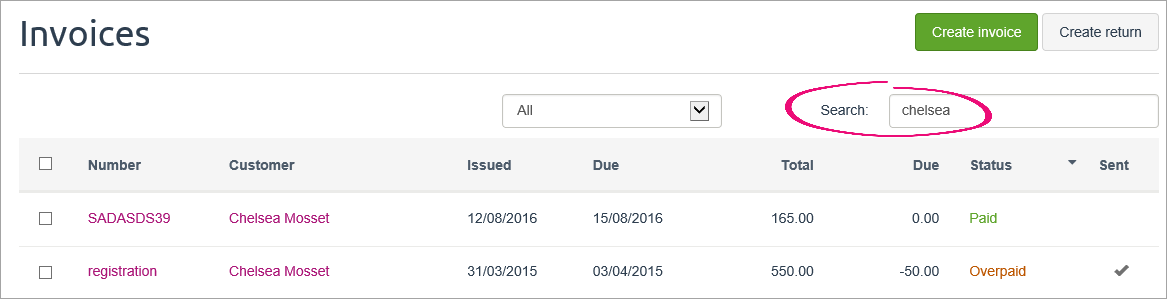 Invoices page with text in search field