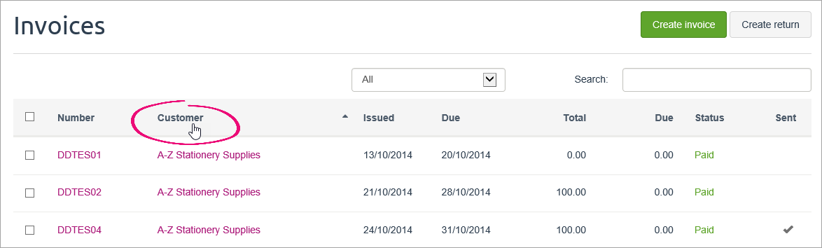 Invoices page with customer column heading clicked