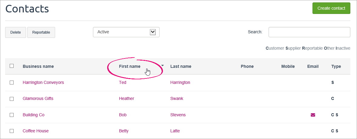 Contacts page with a column heading clicked