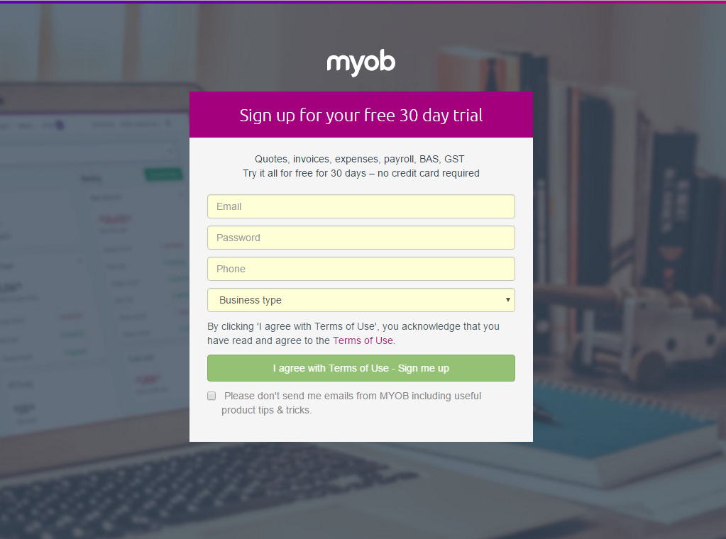 MYOB Essentials sign up screen