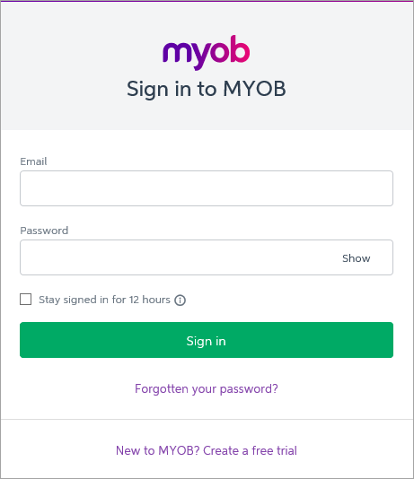 MYOB Essentials sign in page