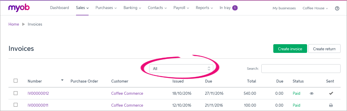 Invoices page with filter field highlighted