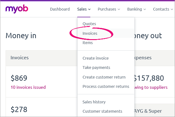 Invoices option on the sales menu
