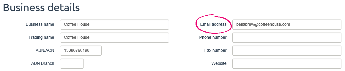 Business details setting with email address field highlighted