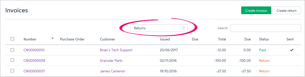Invoices pages with Returns filter highlighted