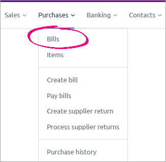 Bills option on the purchases menu Bills option on the purchases menu