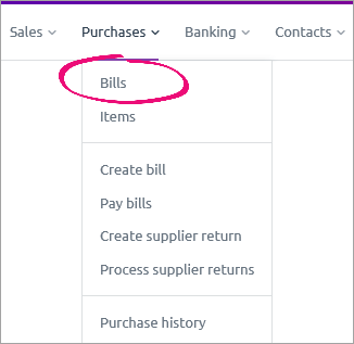 Bills option on the purchases menu