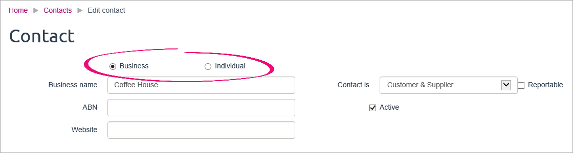 Contact record with business and individual types highlighted Contact record with business and individual types highlighted