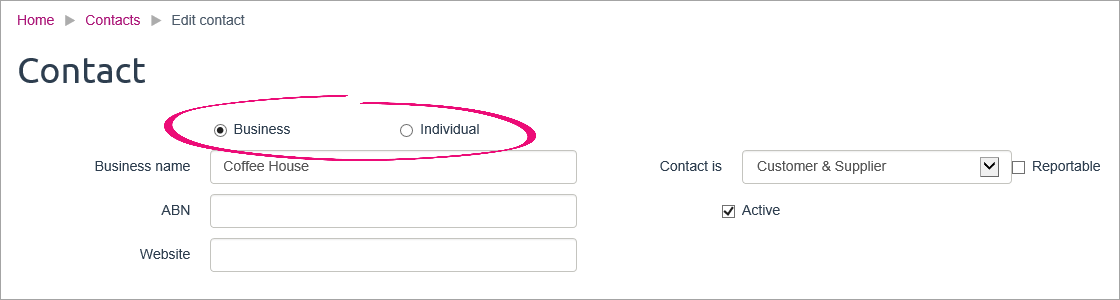 Contact record with business and individual types highlighted