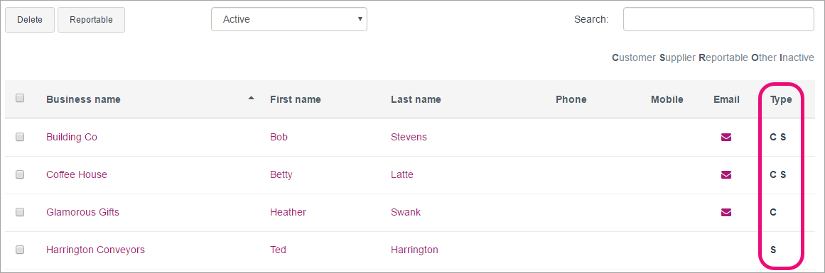 Contacts list with type column highlighted Contacts list with type column highlighted