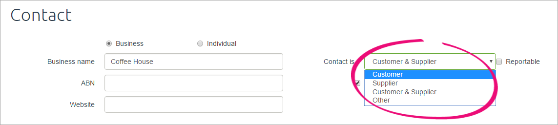 Contact record with customer and supplier options highlighted Contact record with customer and supplier options highlighted