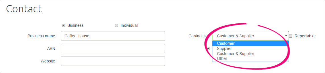 Contact record with customer and supplier options highlighted