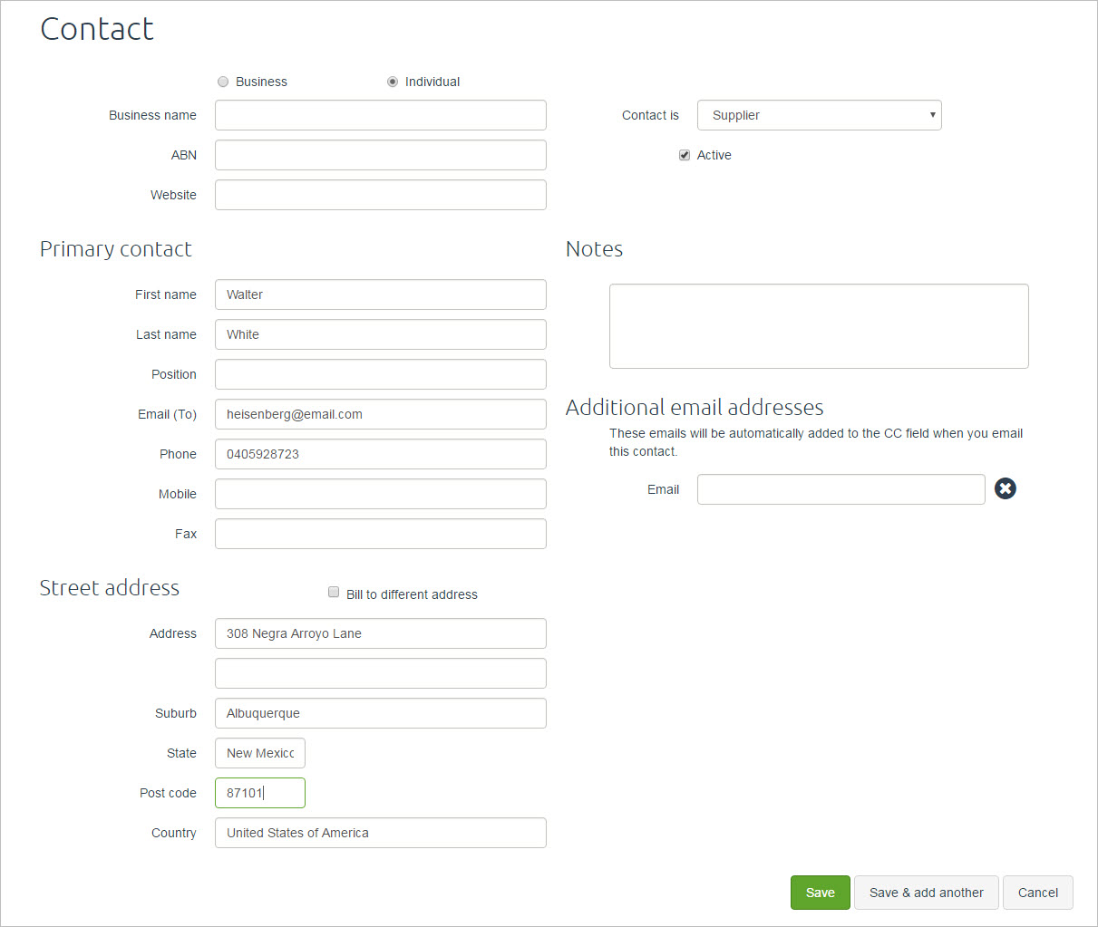 Contact page with details entered Contact page with details entered