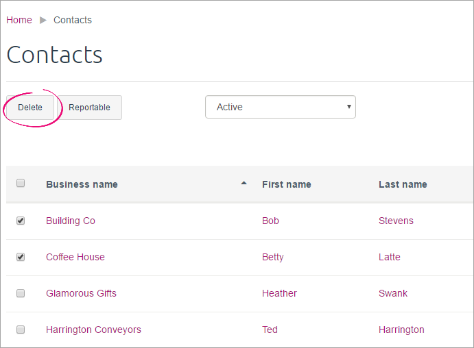 Contacts page with delete button highlighted Contacts page with delete button highlighted