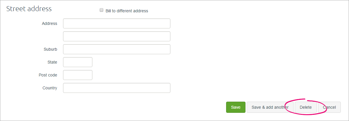 Contact page with delete button highlighted Contact page with delete button highlighted
