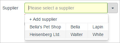 Supplier dropdown list showing selectable contacts