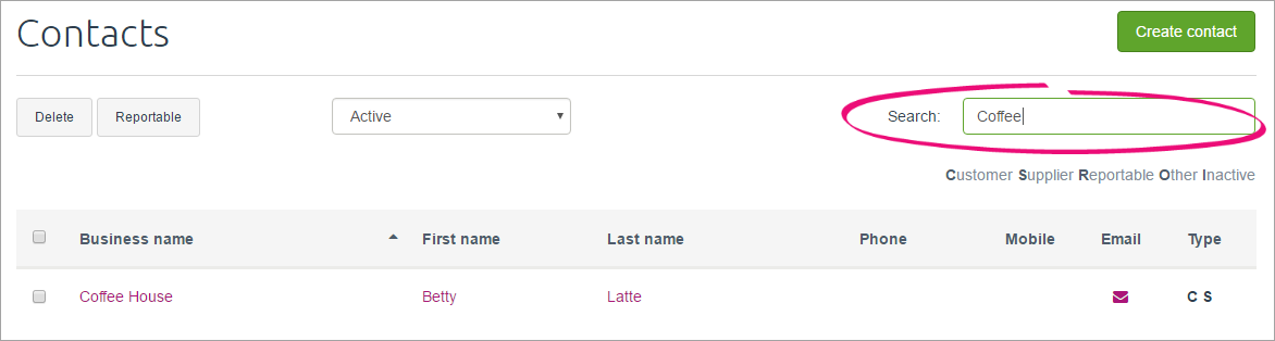 Contacts page with search text entered Contacts page with search text entered