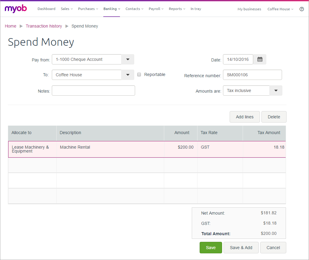 Example spend money page