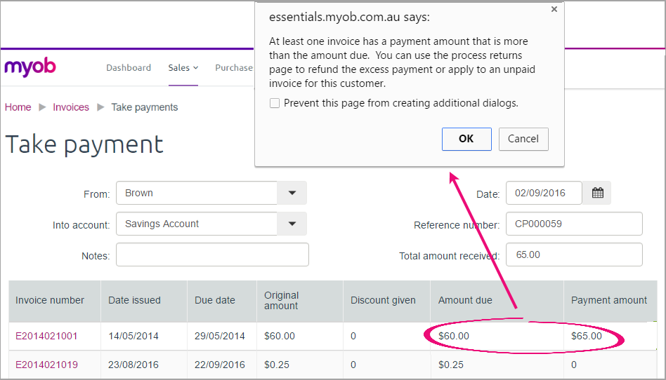 Message confirming payment amount exceeds amount due