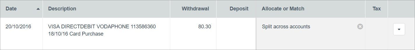 Allocated transaction identified as split across accounts