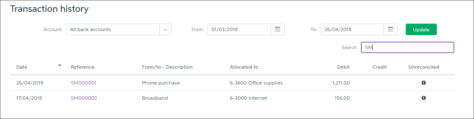 Transaction history, showing search for Spend Money Transaction history, showing search for Spend Money