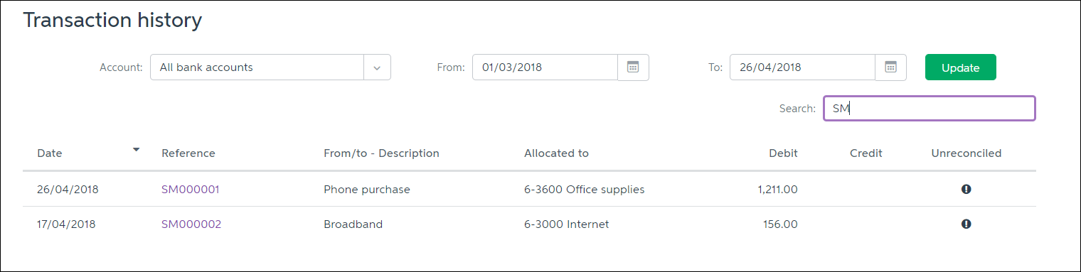 Transaction history, showing search for Spend Money