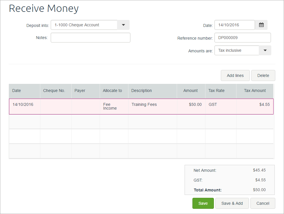 Essentials receive money page