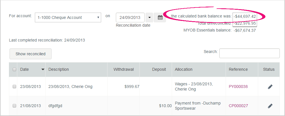 Bank reconciliation page with calculated bank balance highlighted