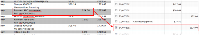 Bank statement transaction matching a transaction on bank reconciliation page Bank statement transaction matching a transaction on bank reconciliation page