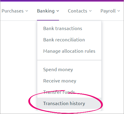 Banking menu with transaction history option highlighted