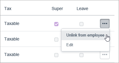 click the ellipsis button next to the pay item and choose Unlink from employee.  Ellipsis button clicked with mouse pointer on unlink from employee 