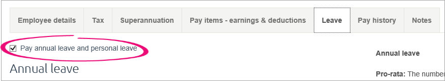 Pay annual leave and personal leave option selected Pay annual leave and personal leave option selected