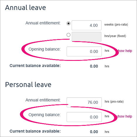 Opening balance fields with zero hours Opening balance fields with zero hours