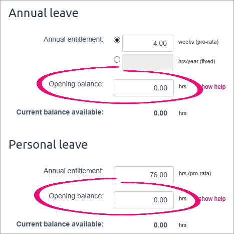 Opening balance fields with zero hours