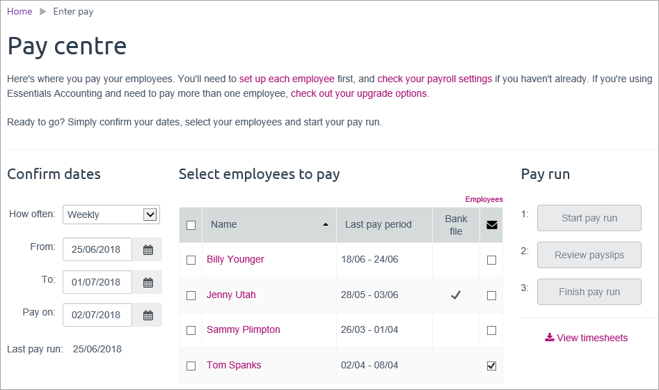 pay centre page with 4 employees listed