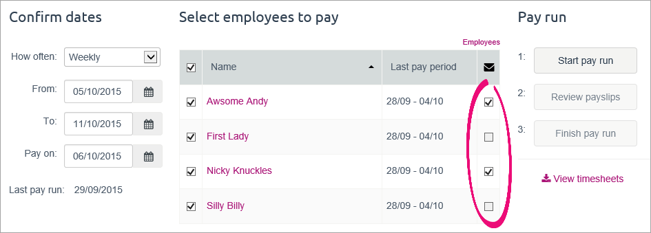 email payslip option selected for 2 employees