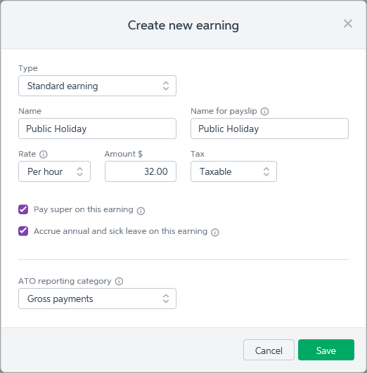 example setup for public holiday pay item