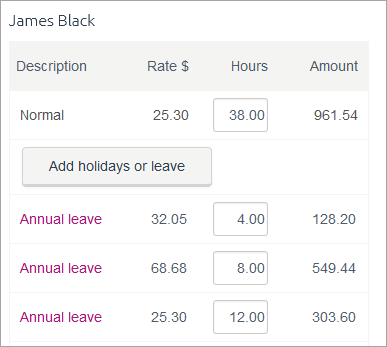 Example pay with 3 entries for annual leave