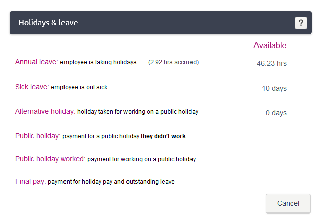 Holidays and leave popup window