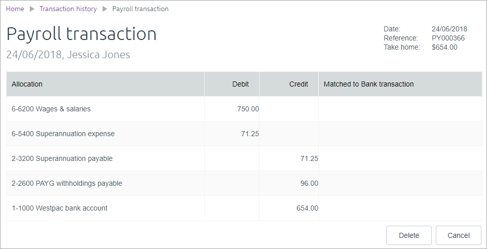 Example payroll transaction with values allocated to applicable accounts