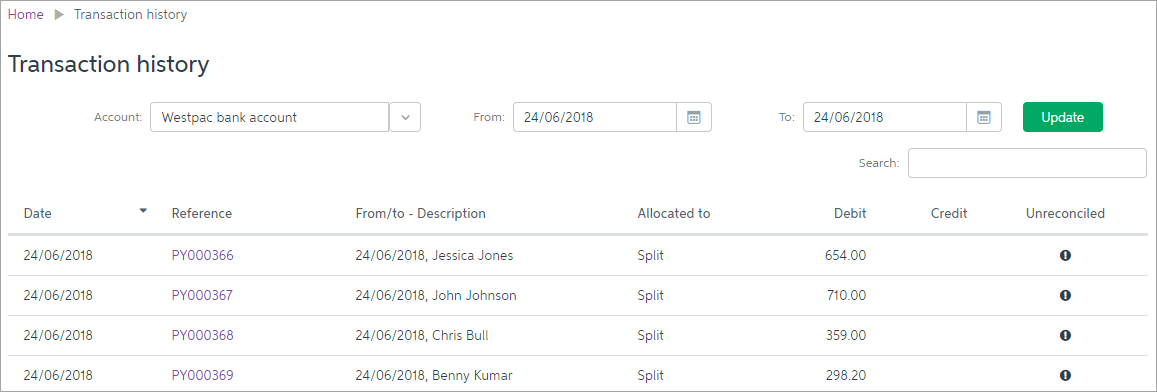 Transaction history page with 4 pays listed Transaction history page with 4 pays listed