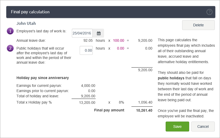 example final pay calculation