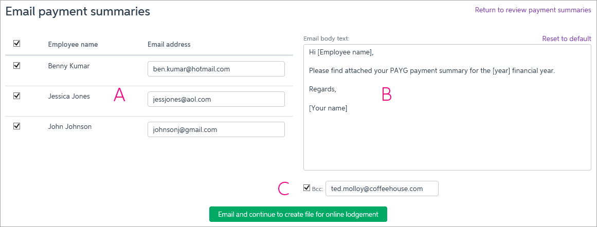 Email payment summaries page with components identified with A B and C
